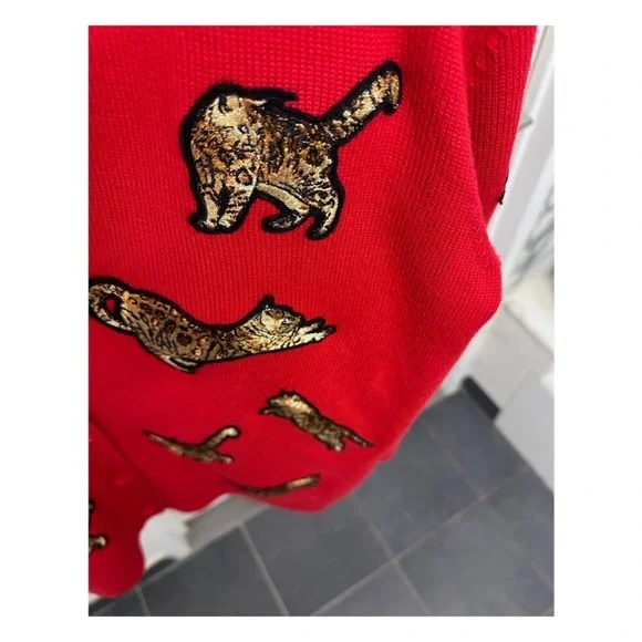 Alice + Olivia Red Bengal Cat Embroidered Grandpa Cardigan – Wool Blend, Size M - Picture 8 of 15